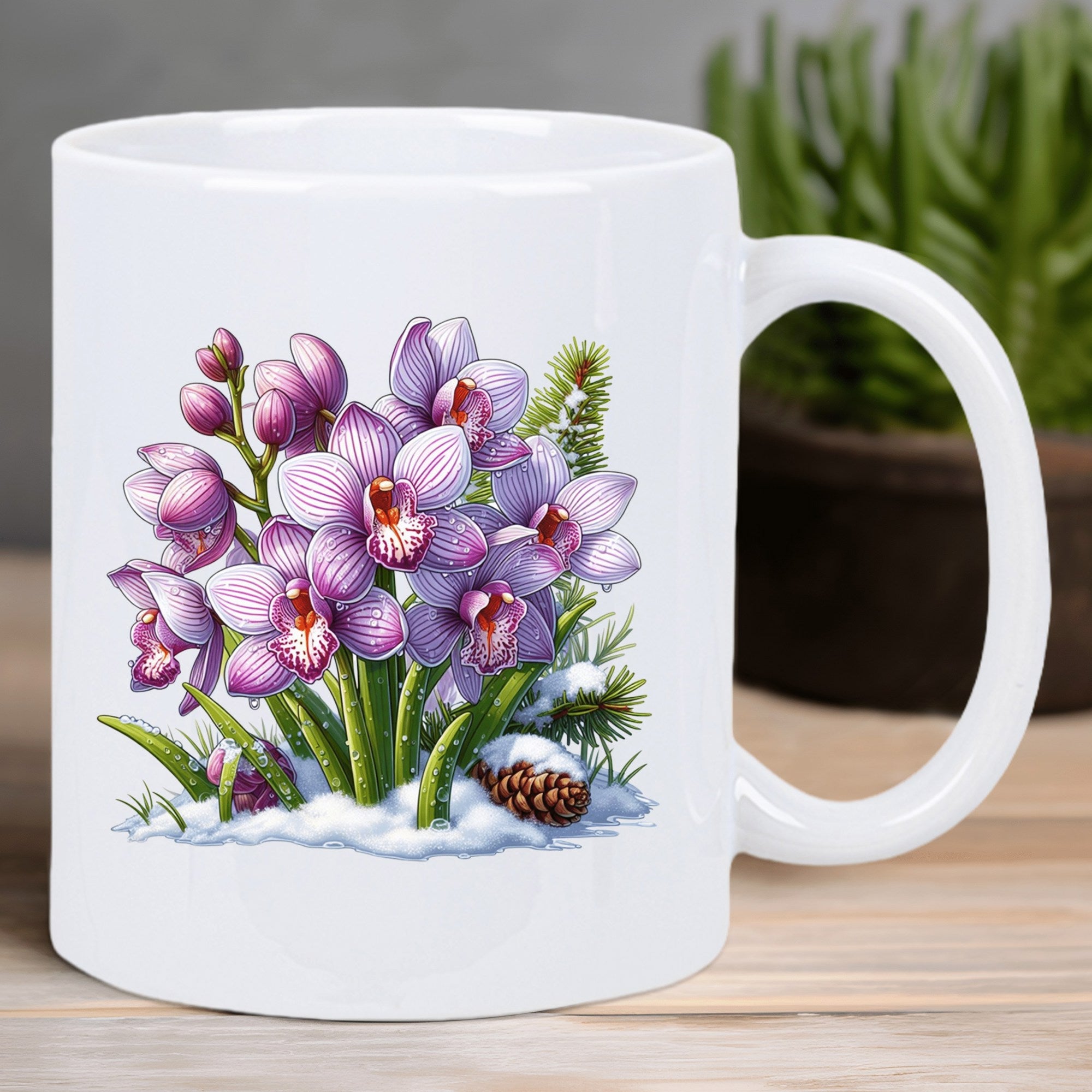 Tailorly White Ceramic 11 oz Mug - Elegant Purple Orchids Blooming From Soft White Snow Under Evergreen Pine Needles Orchid