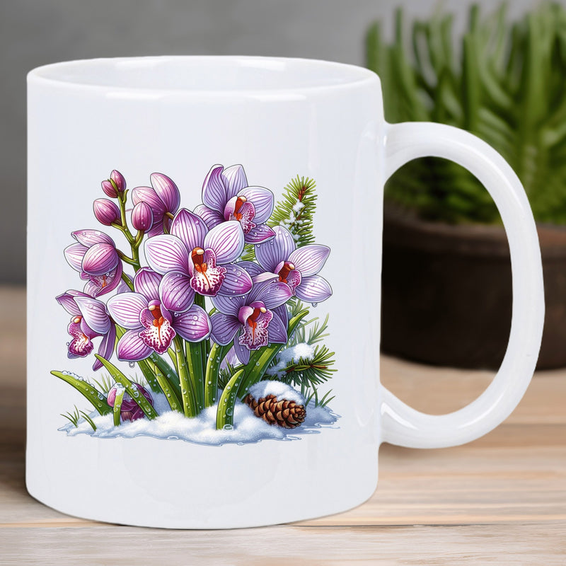 Tailorly White Ceramic 11 oz Mug - Elegant Purple Orchids Blooming From Soft White Snow Under Evergreen Pine Needles Orchid