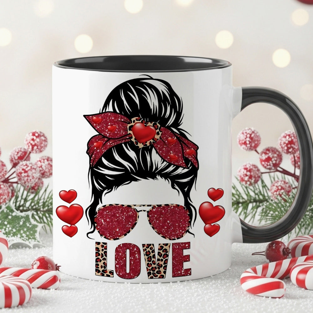 Tailorly Black Accent 11 oz Mug - woman's face with messy bun， red bow， glasses， leopard print， pink lettering