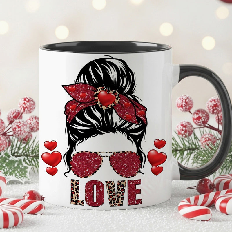 Tailorly Black Accent 11 oz Mug - woman's face with messy bun， red bow， glasses， leopard print， pink lettering
