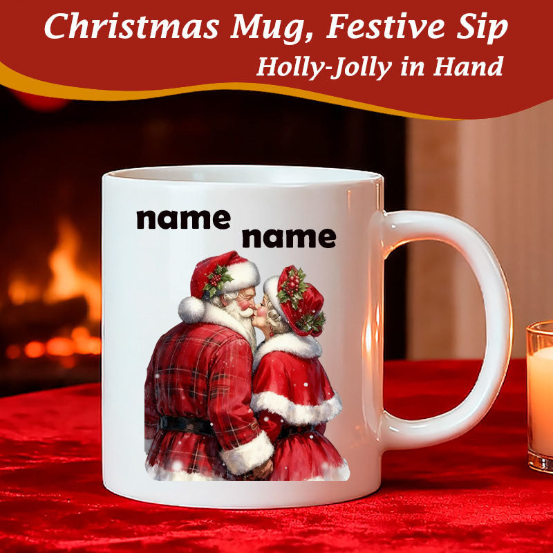 Tailorly White Ceramic 11 oz Mug - Christmas Mug Festive Sip Holly Jolly In Hand Sweet Couple Sharing A Tender Kiss In Festive Holiday Red Outfits Santa