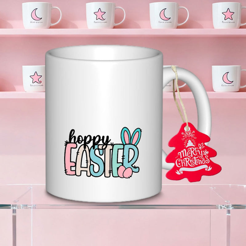 Tailorly White Ceramic 11 oz Mug - Hoppy Easter Merry Christmas Whimsical Festive Decorative Letters Featuring Adorable Rabbit Ears And Pastel Colors Bunny