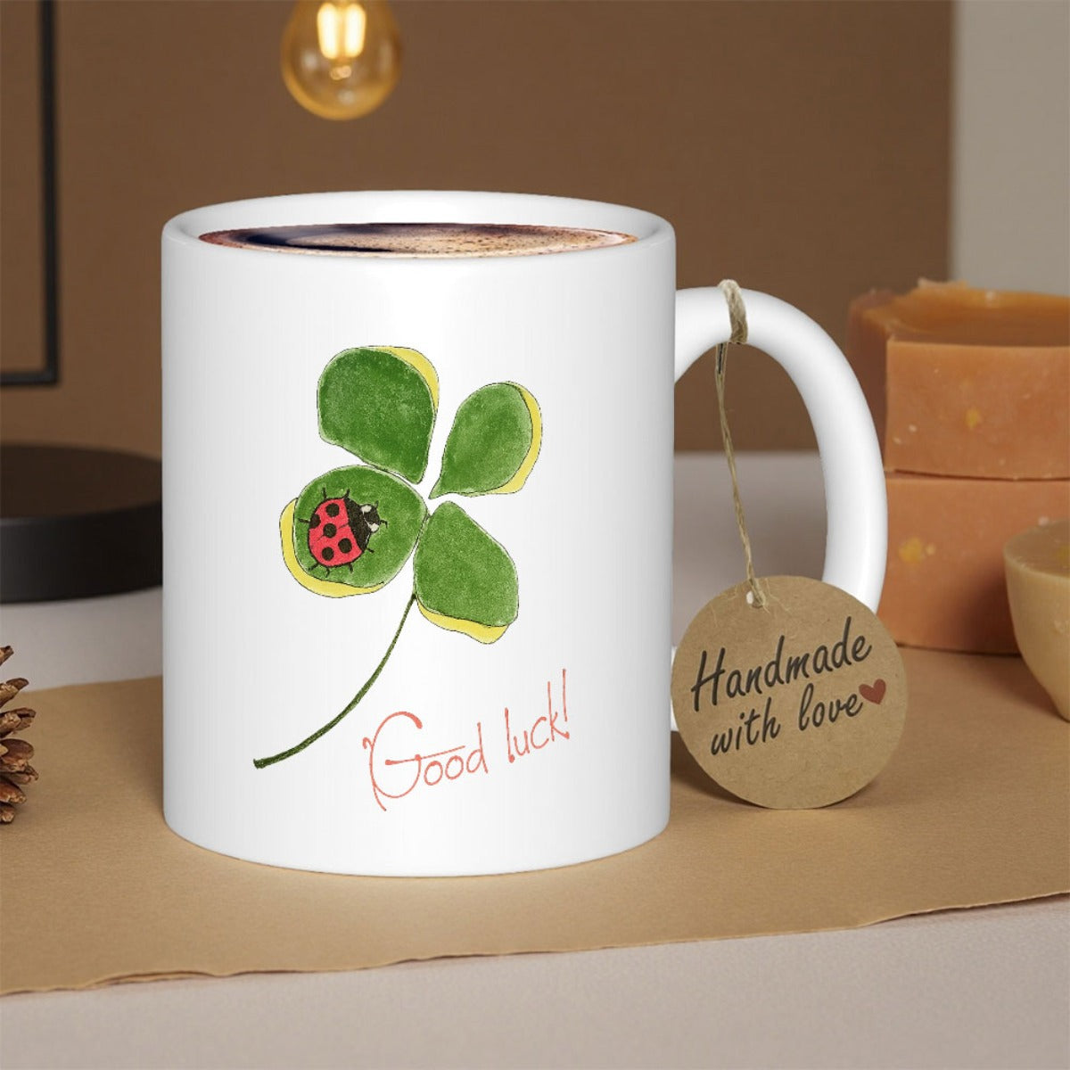 Tailorly White Ceramic 11 oz Mug - Good Luck Watercolor Green Four Leaf Plant With Tiny Red Spotted Ladybug Clover