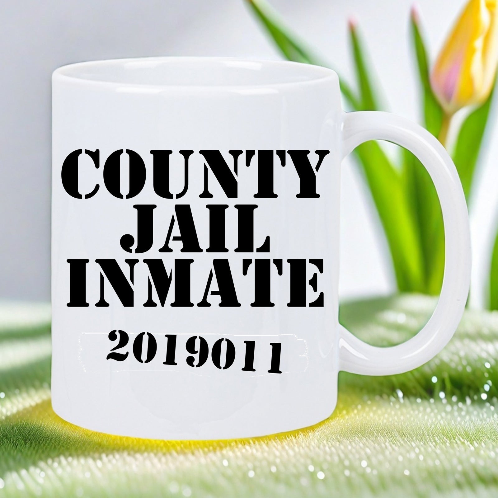 Tailorly White Ceramic 11 oz Mug - County Jail Inmate 2019011 Bold Black Stencil Typography On A Minimalist