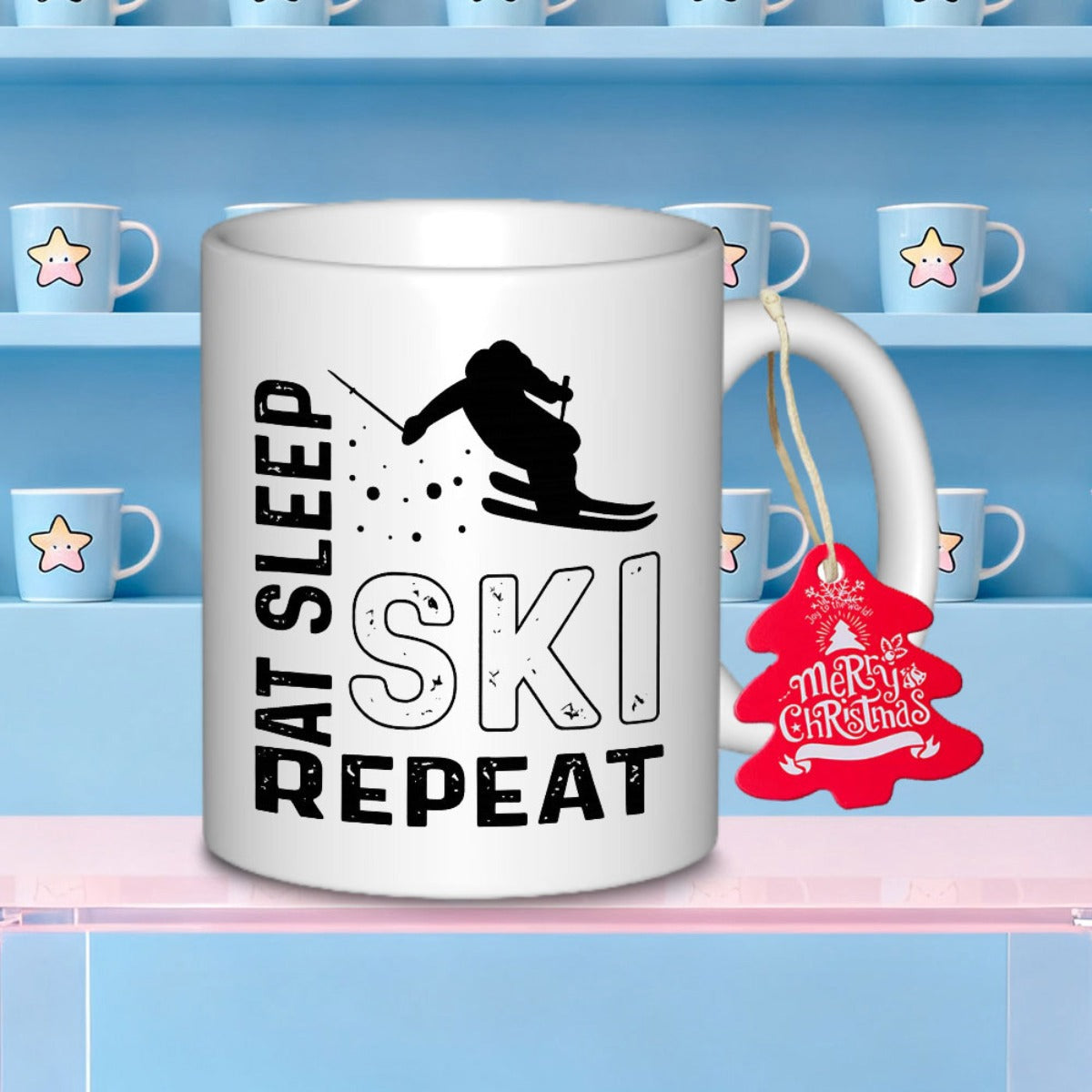 Tailorly White Ceramic 11 oz Mug - Eat Sleep Ski Repeat Dynamic Black Silhouette Of Person Sliding Down Snowy Mountain Slope Skier