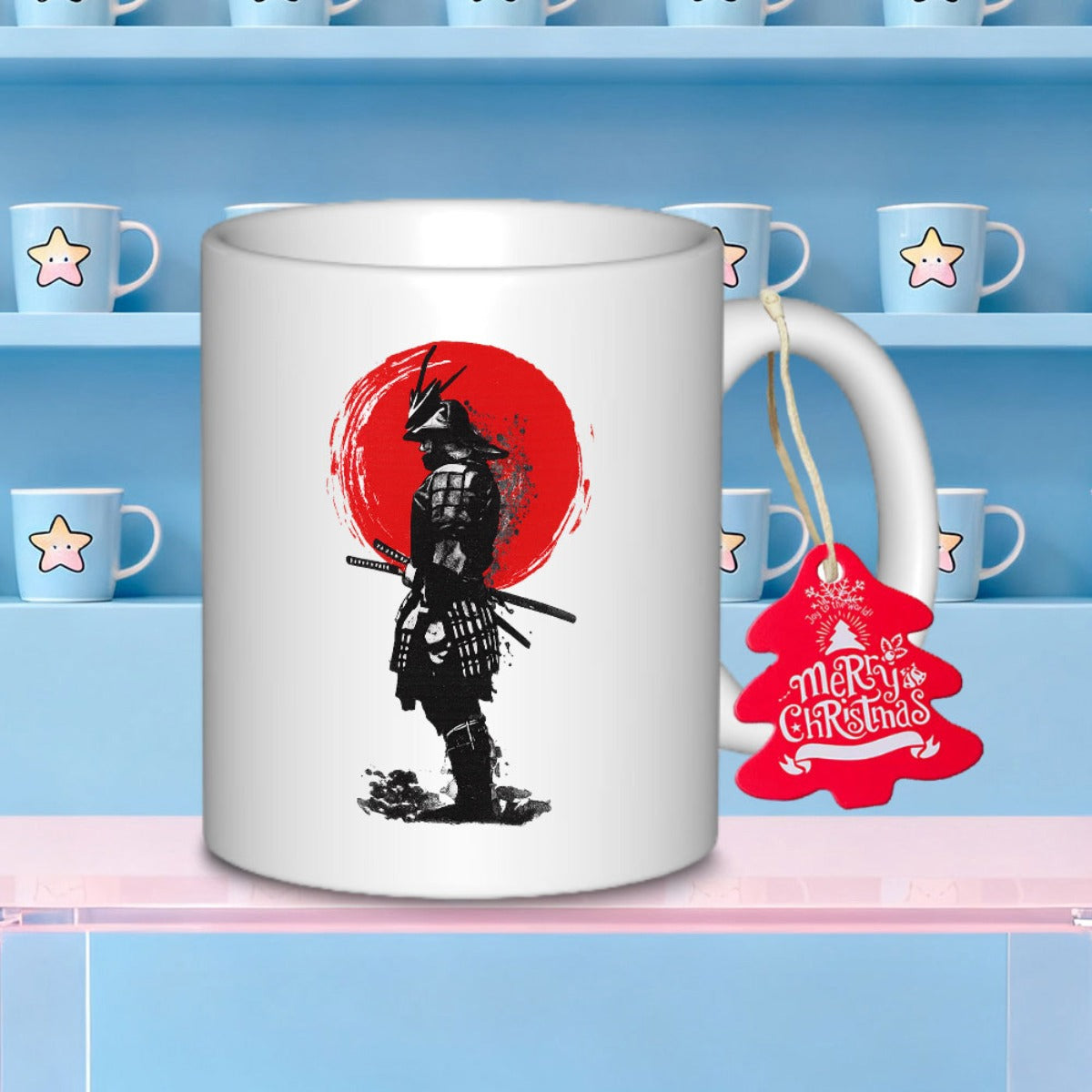 Tailorly White Ceramic 11 oz Mug - Merry Christmas Traditional Japanese Warrior Silhouette Standing Proudly Before A Crimson Rising Sun Samurai