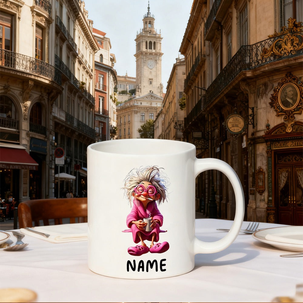 Tailorly White Ceramic 11 oz Mug - Name Quirky Cartoon Lady In Pink Bathrobe Holding Morning Coffee Lady