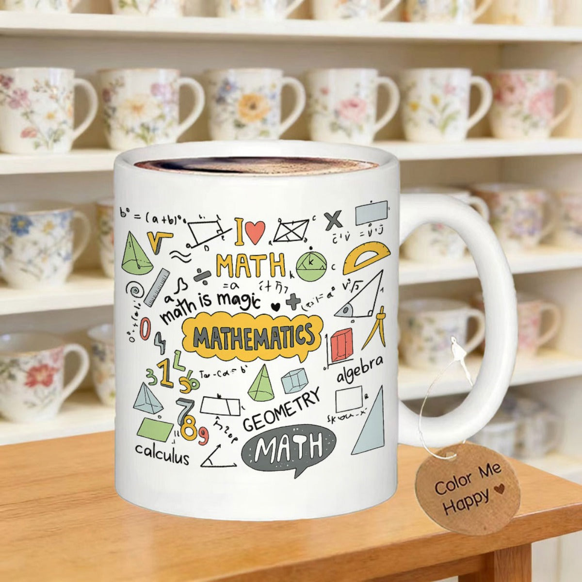 Tailorly White Ceramic 11 oz Mug - I Love Math Math Is Magic Mathematics Algebra Geometry Calculus Math Hand Drawn Educational Symbols And Geometric Shapes