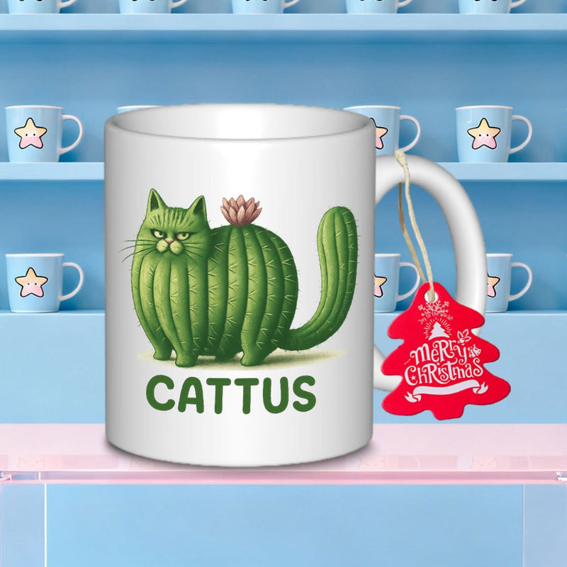 Tailorly White Ceramic 11 oz Mug - Cattus Unique Green Succulent Pattern Featuring A Feline Silhouette With Blossom Cat