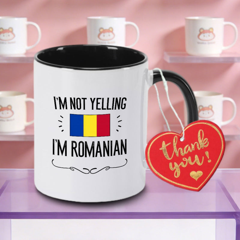 Tailorly Black Accent 11 oz Mug - I M NOT YELLING I M ROMANIAN Logo