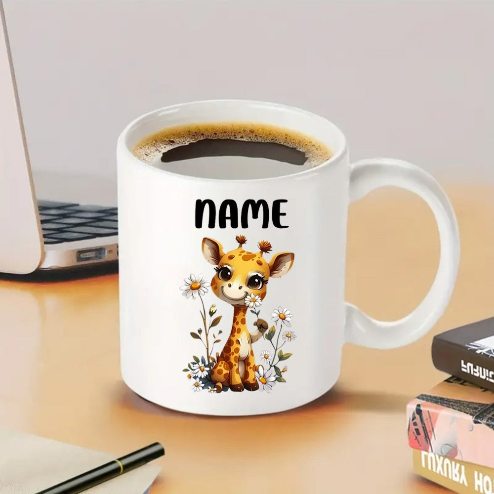 Tailorly White Ceramic 11 oz Mug - Name Adorable Sitting Baby Giraffe Surrounded By Delicate Wild Spring Flowers Giraffe