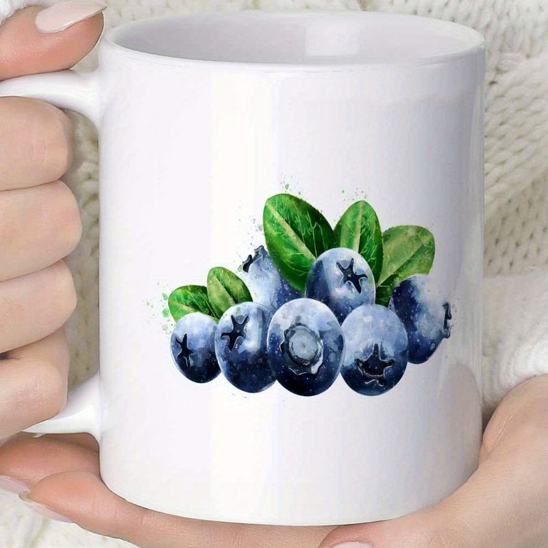 Tailorly White Ceramic 11 oz Mug - Vibrant Blue Fruit Cluster Among Vibrant Green Leaves Hand Painted Blueberries
