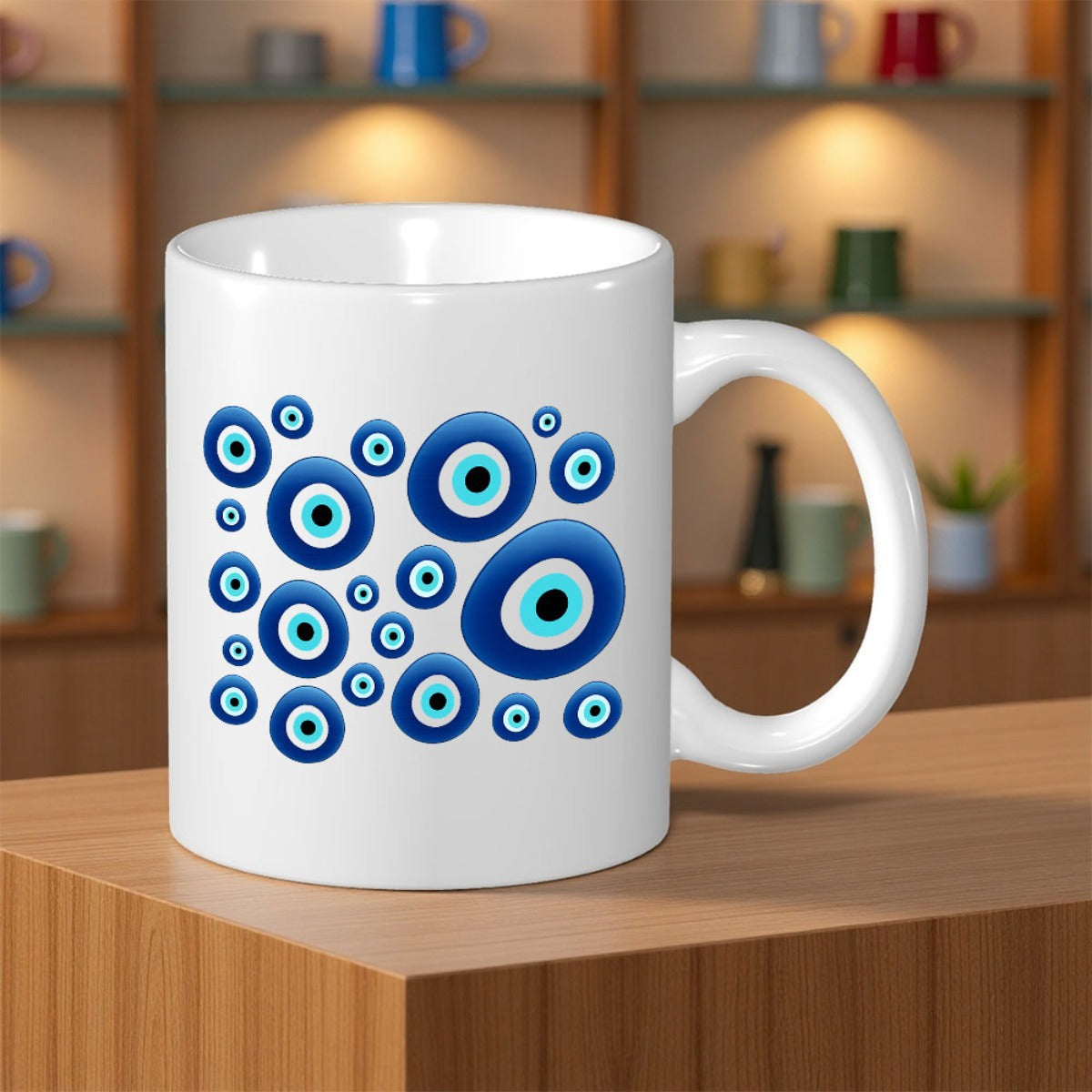 Tailorly White Ceramic 11 oz Mug - Traditional Blue Protective Nazar Charms Scattered Over A Polished Ceramic Mug