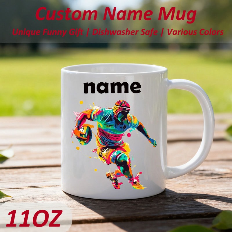 Tailorly White Ceramic 11 oz Mug - Name Vibrant Colorful Artistic Paint Splatter Silhouette In Dynamic Motion Athletic Rugby Player