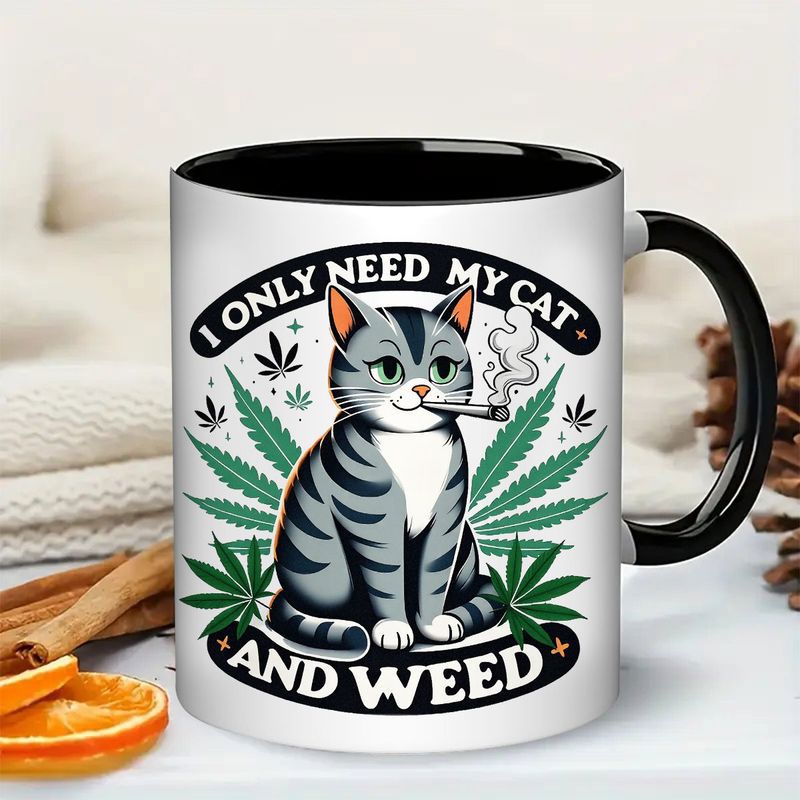 Tailorly Black Accent 11 oz Mug - funny cat smoking joint
