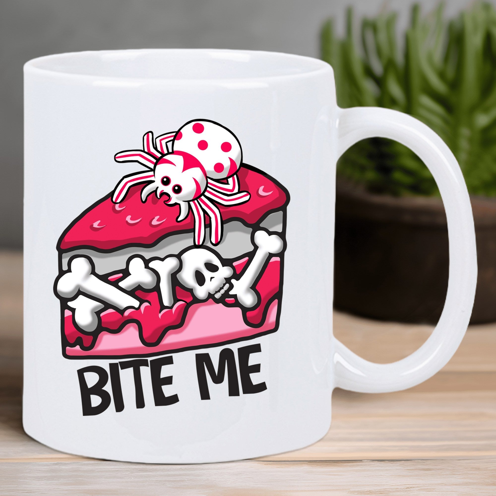 Tailorly White Ceramic 11 oz Mug - Bite Me Spooky Pink Dessert Slice With Bones And A Spotted Spider Cake