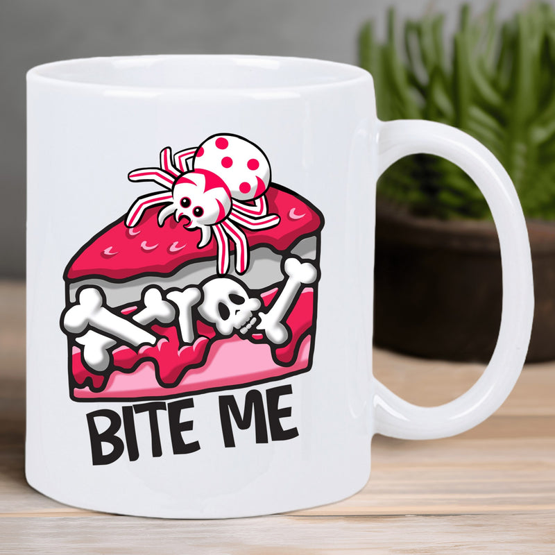 Tailorly White Ceramic 11 oz Mug - Bite Me Spooky Pink Dessert Slice With Bones And A Spotted Spider Cake