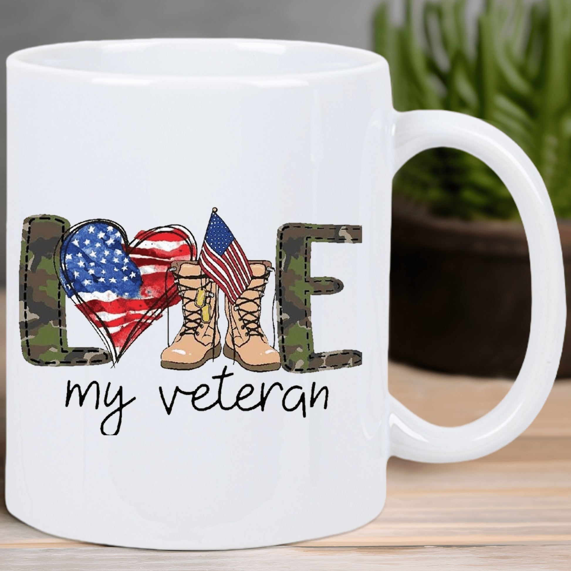 Tailorly White Ceramic 11 oz Mug - Love My Veteran Patriotic American Flag Heart With Military Combat Camo Pattern Boots