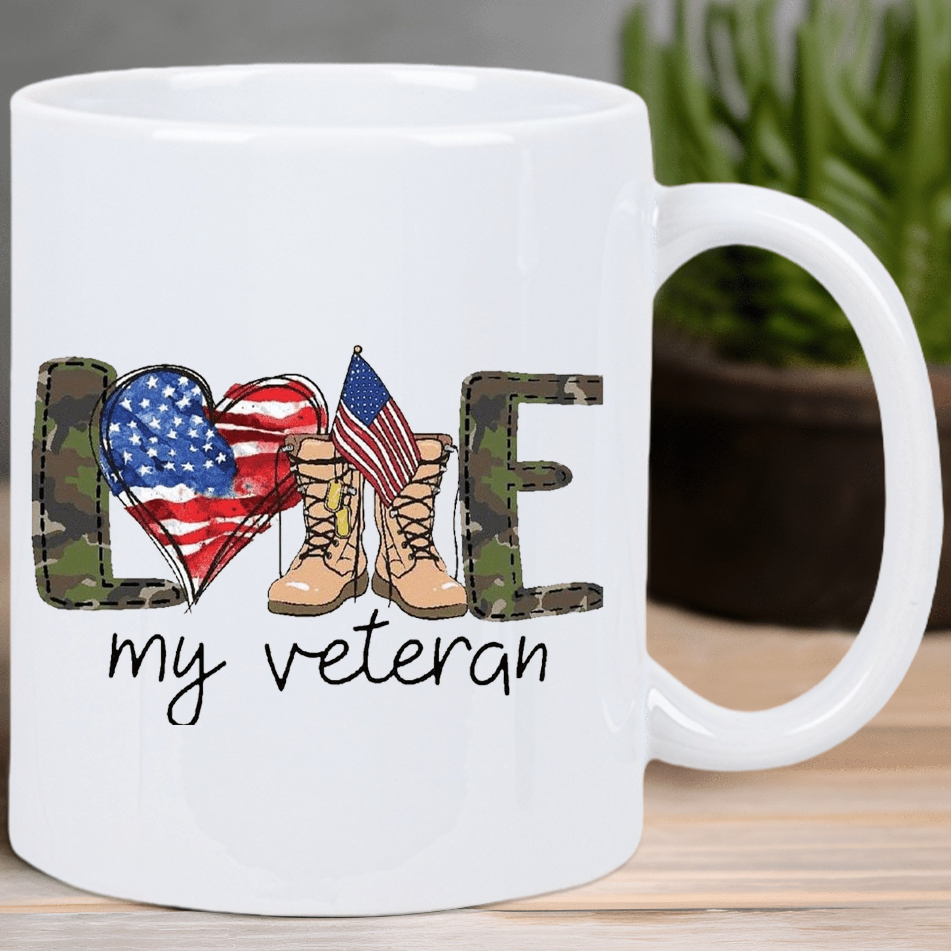Tailorly White Ceramic 11 oz Mug - Love My Veteran Patriotic American Flag Heart With Military Combat Camo Pattern Boots