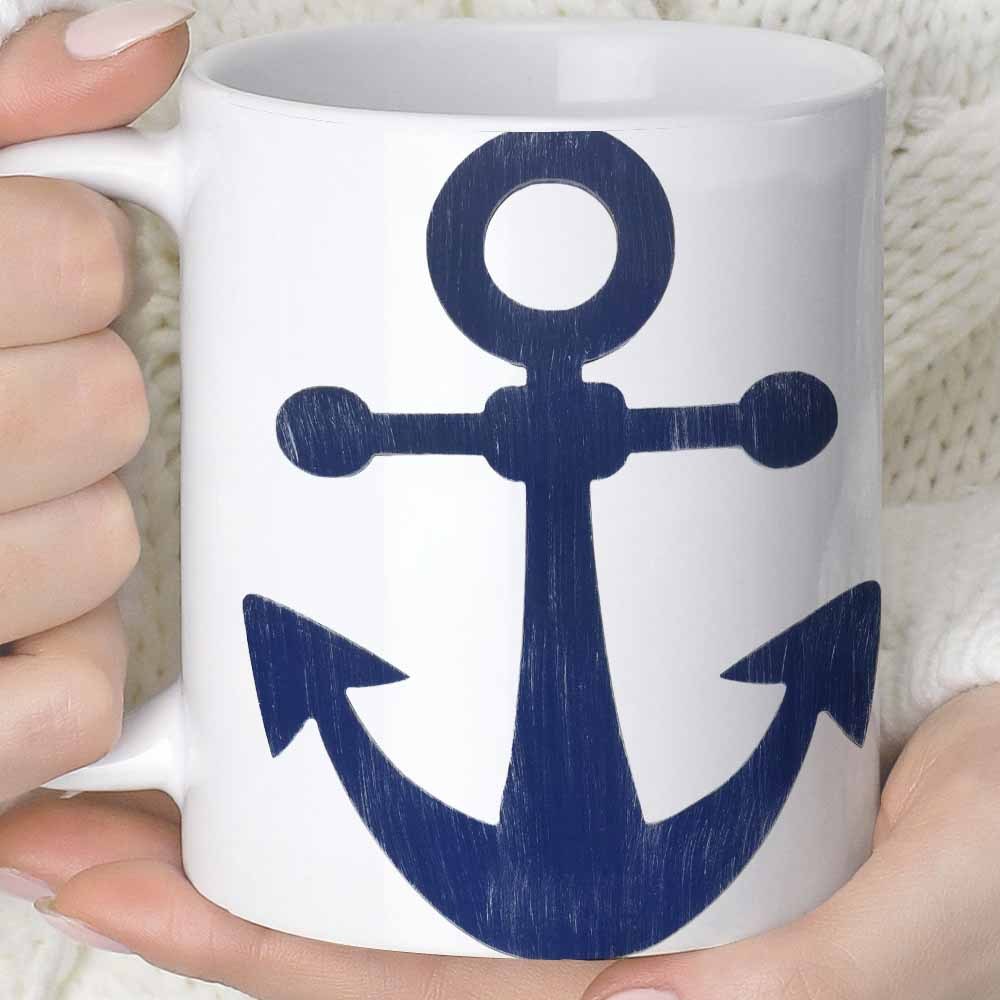 Tailorly White Ceramic 11 oz Mug - Rustic Navy Blue Nautical Symbol Displayed On A Polished Minimalist Background Anchor