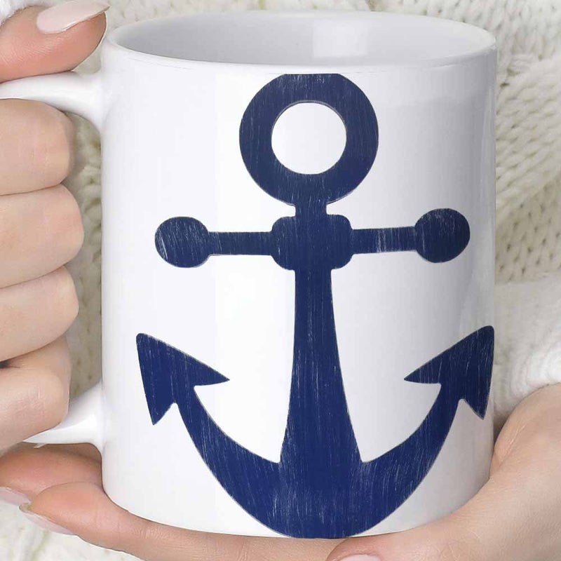 Tailorly White Ceramic 11 oz Mug - Rustic Navy Blue Nautical Symbol Displayed On A Polished Minimalist Background Anchor