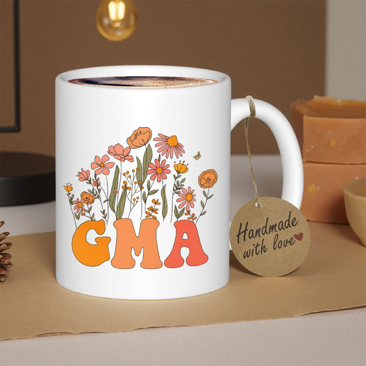 Tailorly White Ceramic 11 oz Mug - Gma Vibrant Retro Wildflowers Blooming With Delicate Butterflies Among Colorful Meadow Petals Flower