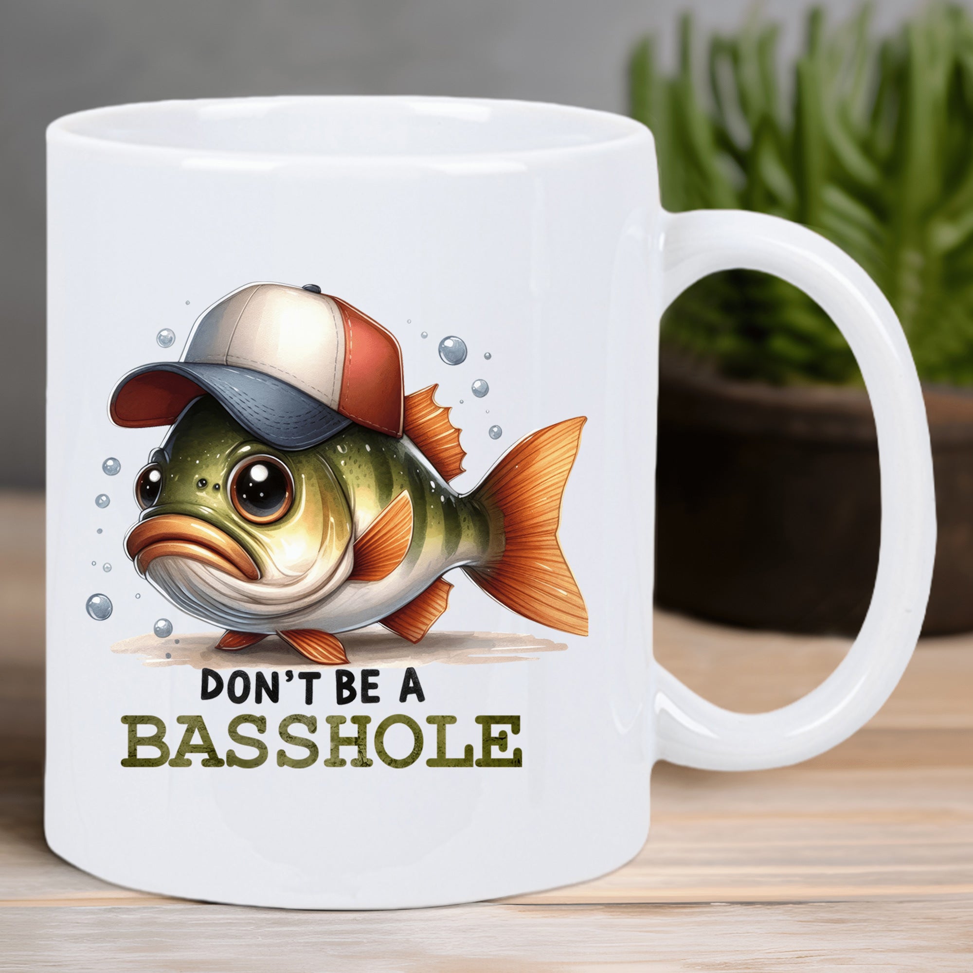 Tailorly White Ceramic 11 oz Mug - Don't Be A Basshole Cute Cartoon Fish Wearing A Trucker Hat Surrounded By Bubbles Bass
