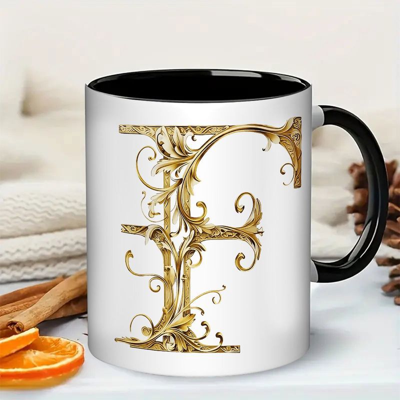 Tailorly Black Accent 11 oz Mug - elegant floral golden letter design