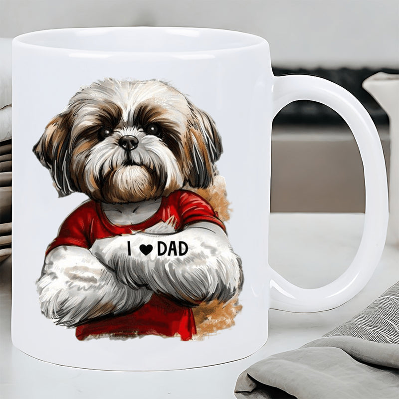 Tailorly White Ceramic 11 oz Mug - I Dad Fluffy Brown And White Dog Wearing Red Shirt Crossing Its Paws Shih Tzu