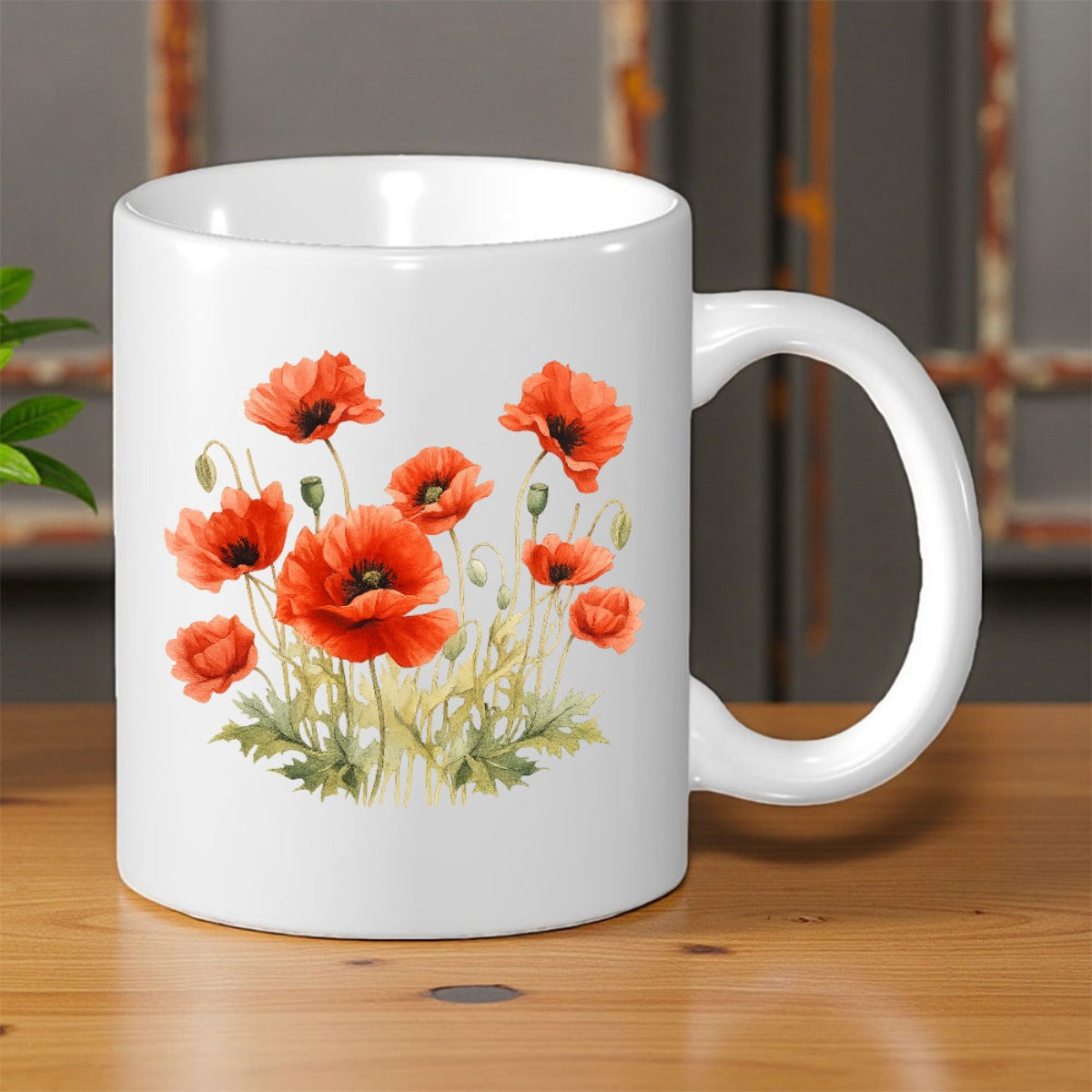 Tailorly White Ceramic 11 oz Mug - Vibrant Red Wildflowers Blooming Among Delicate Green Foliage And Stems Poppy