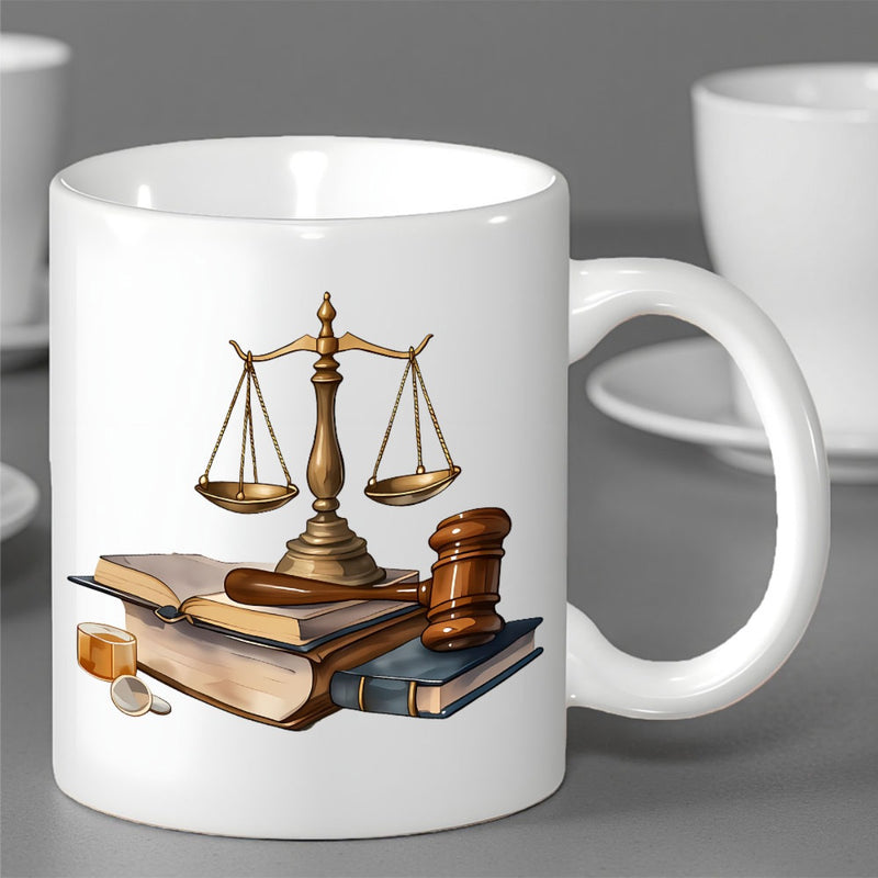 Tailorly White Ceramic 11 oz Mug - Golden Justice Scales Resting On Stacked Vintage Law Books With Wooden Gavel