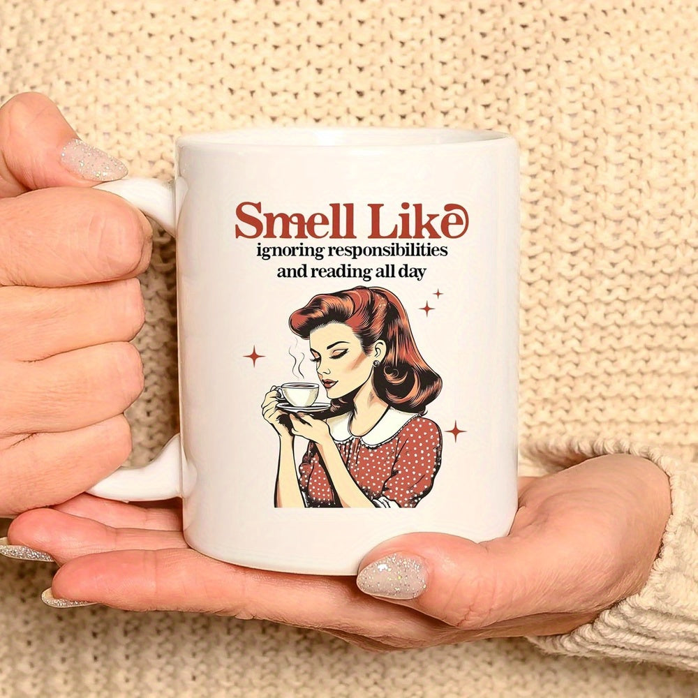 Tailorly White Ceramic 11 oz Mug - Smell Like Ignoring Responsibilities And Reading All Day Vintage Illustration Featuring Auburn Hair Figure Holding Steaming