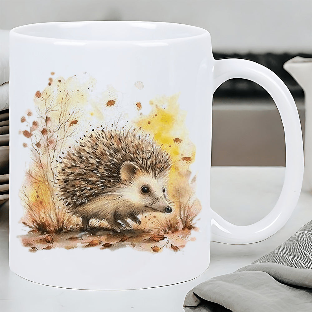 Tailorly White Ceramic 11 oz Mug - Adorable Watercolor Creature Walking In Autumn Forest Under Golden Light Hedgehog