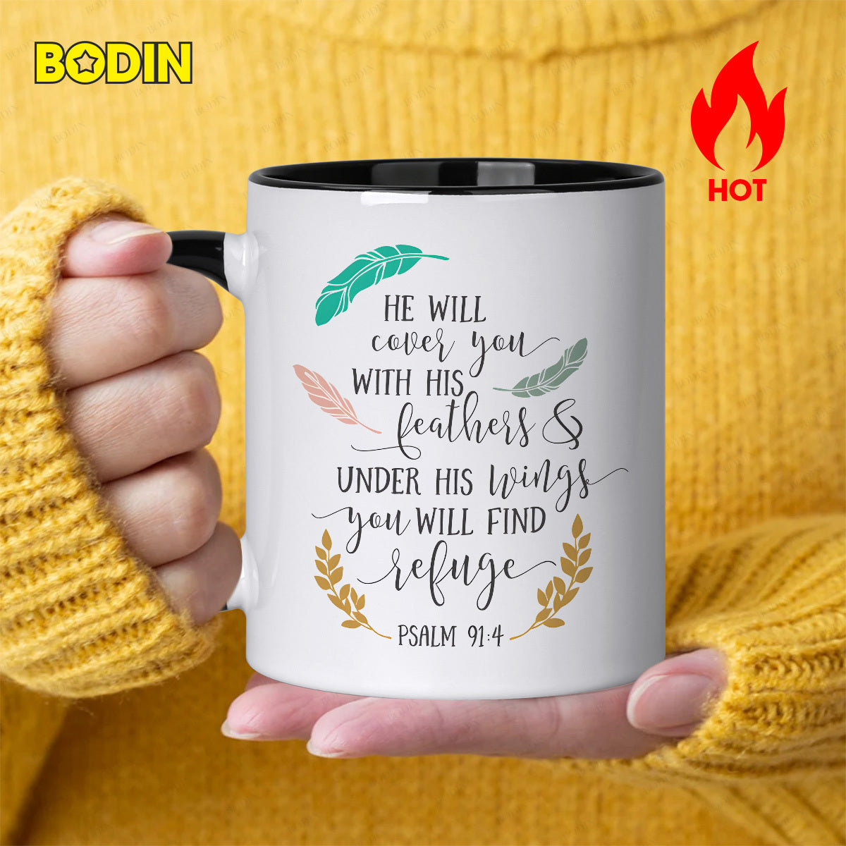 Tailorly Black Accent 11 oz Mug - bible verse psalm 91 with feathers