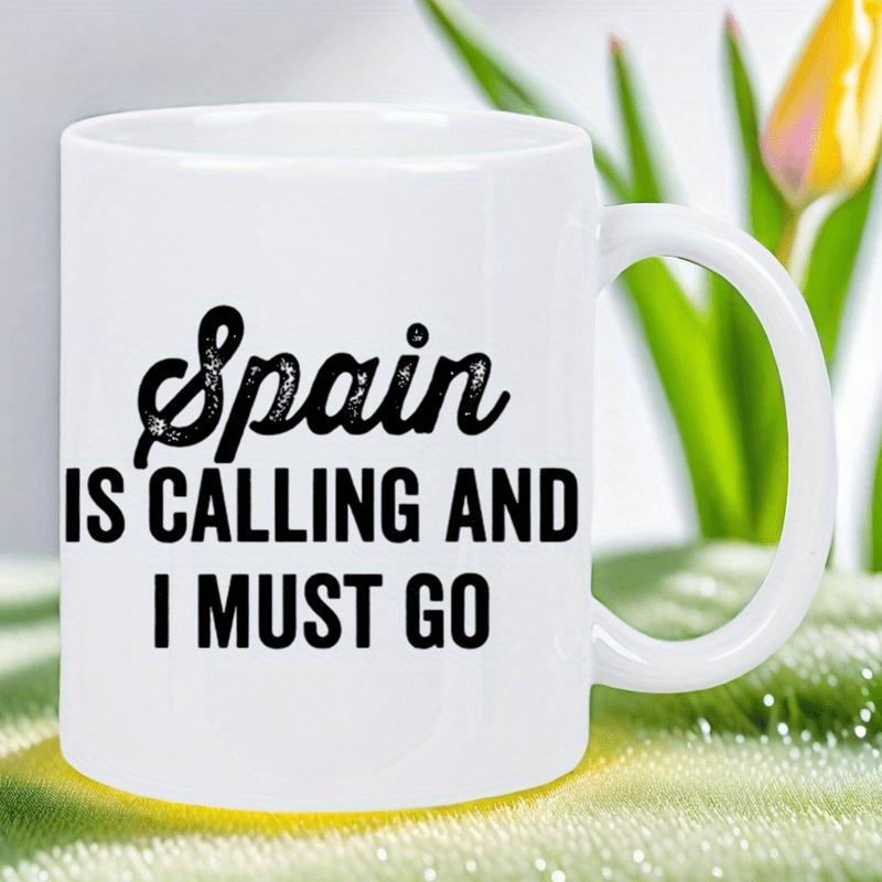 Tailorly White Ceramic 11 oz Mug - Spain Is Calling And I Must Go Minimalist White Ceramic Cup With Bold Black Printed Script Text Mug