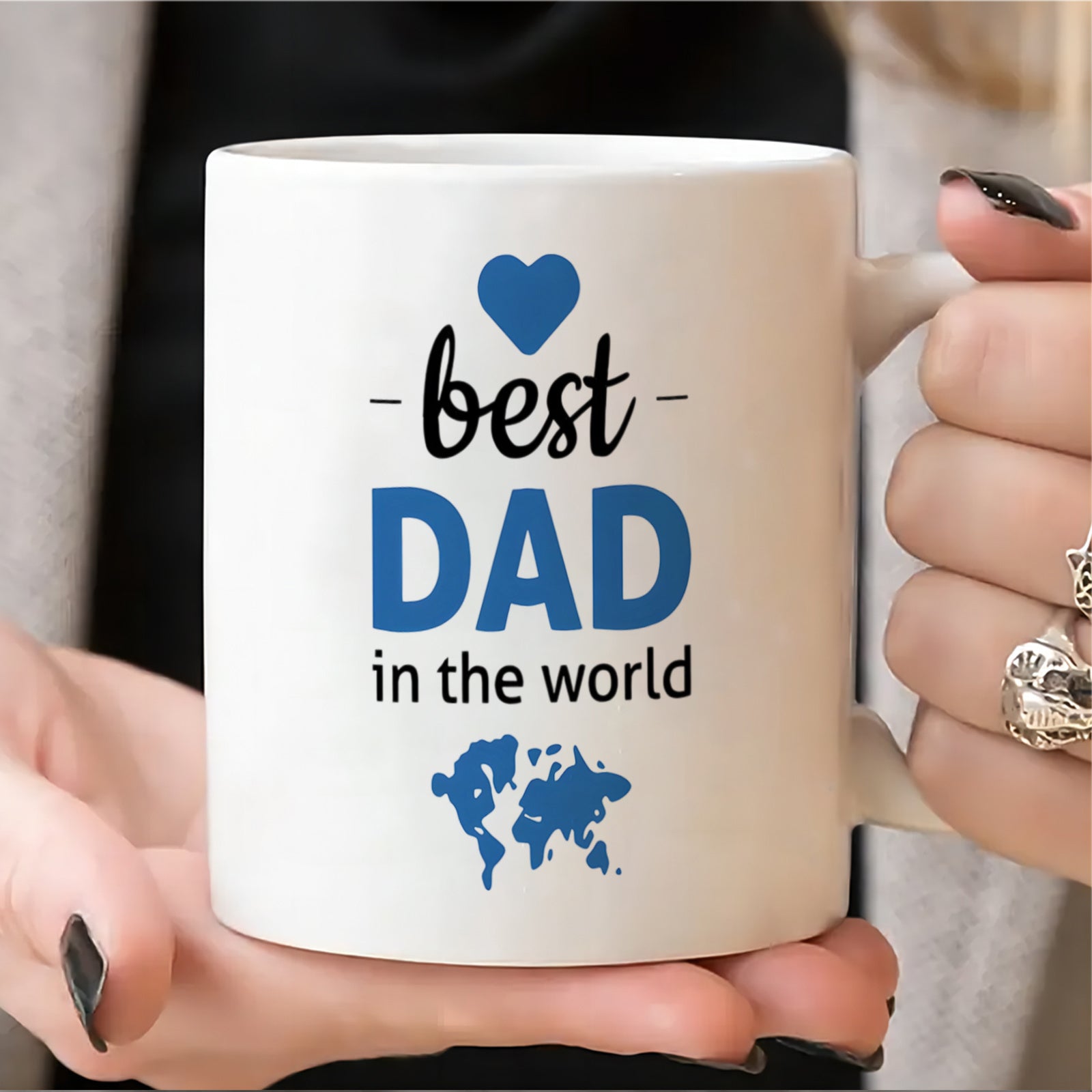 Tailorly White Ceramic 11 oz Mug - Best Dad In The World Featuring A Minimalist Blue Heart Above A Global Map Silhouette World Map