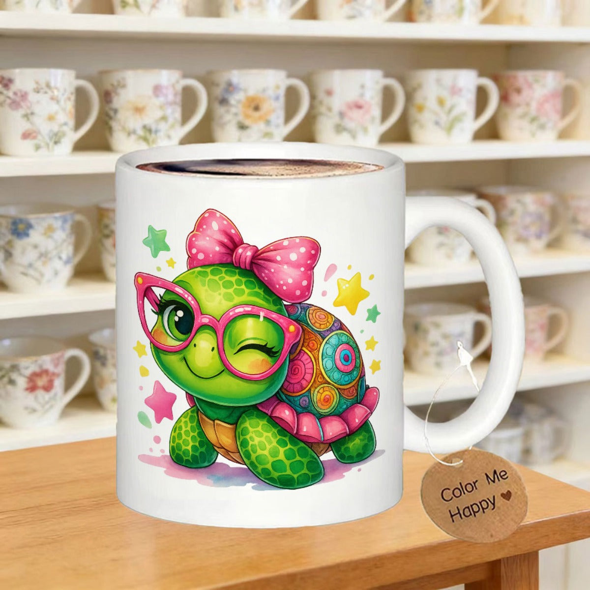 Tailorly White Ceramic 11 oz Mug - Color Me Happy Charming Winking Green Shell Patterned Creature Wearing Pink Glasses Turtle
