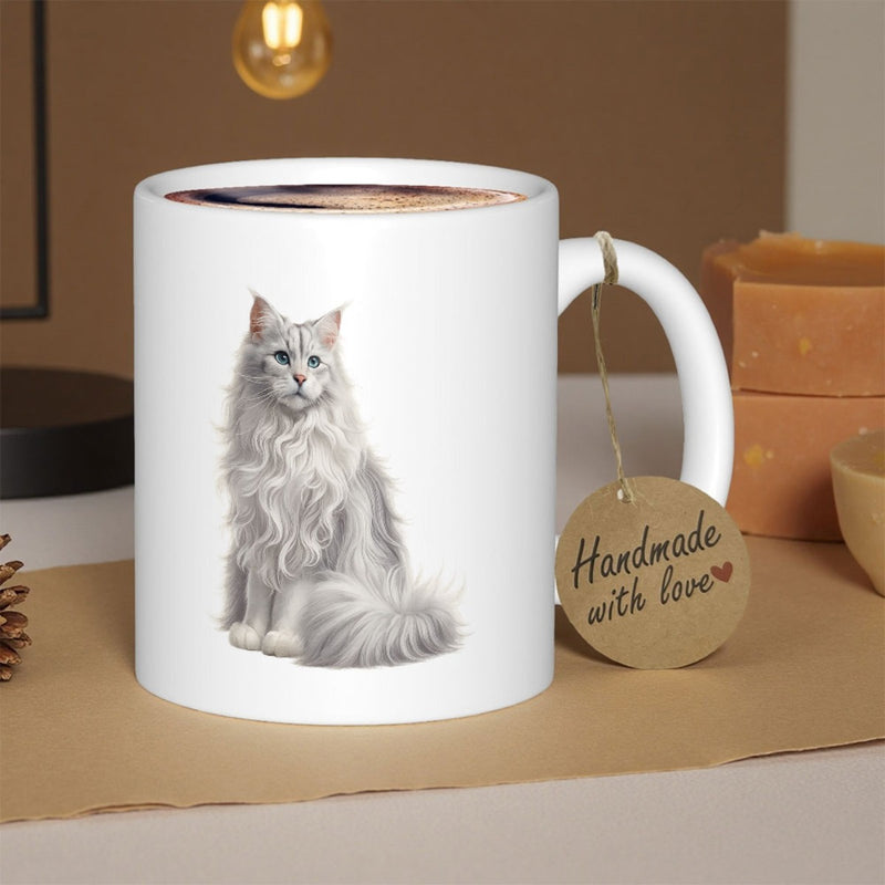 Tailorly White Ceramic 11 oz Mug - Majestic Maine Coon Sitting Gracefully With Elegant Long White Fur Cat