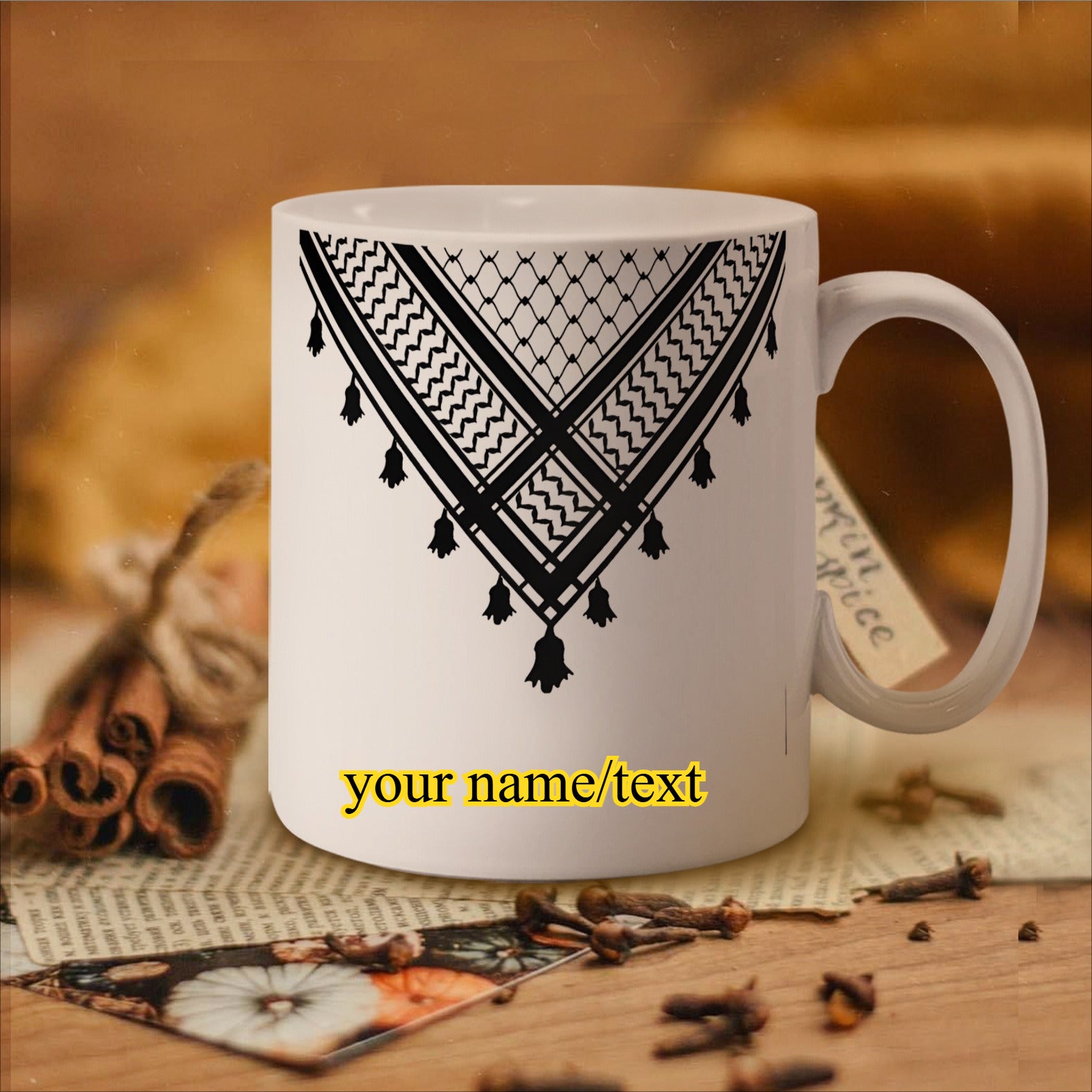 Tailorly White Ceramic 11 oz Mug - Your Name Text Traditional Middle Eastern Scarf Pattern With Black Geometric Lines And Tassels Mug