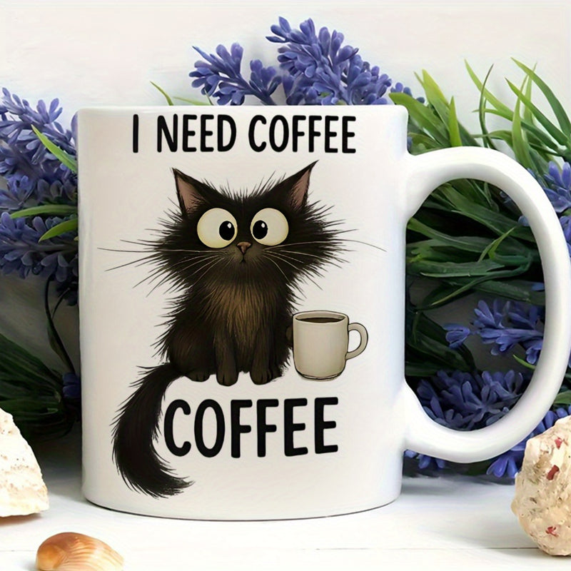 Tailorly White Ceramic 11 oz Mug - I Need Coffee Funny Scruffy Black Feline With Large Curious Eyes Grasping Hot Beverage Cat