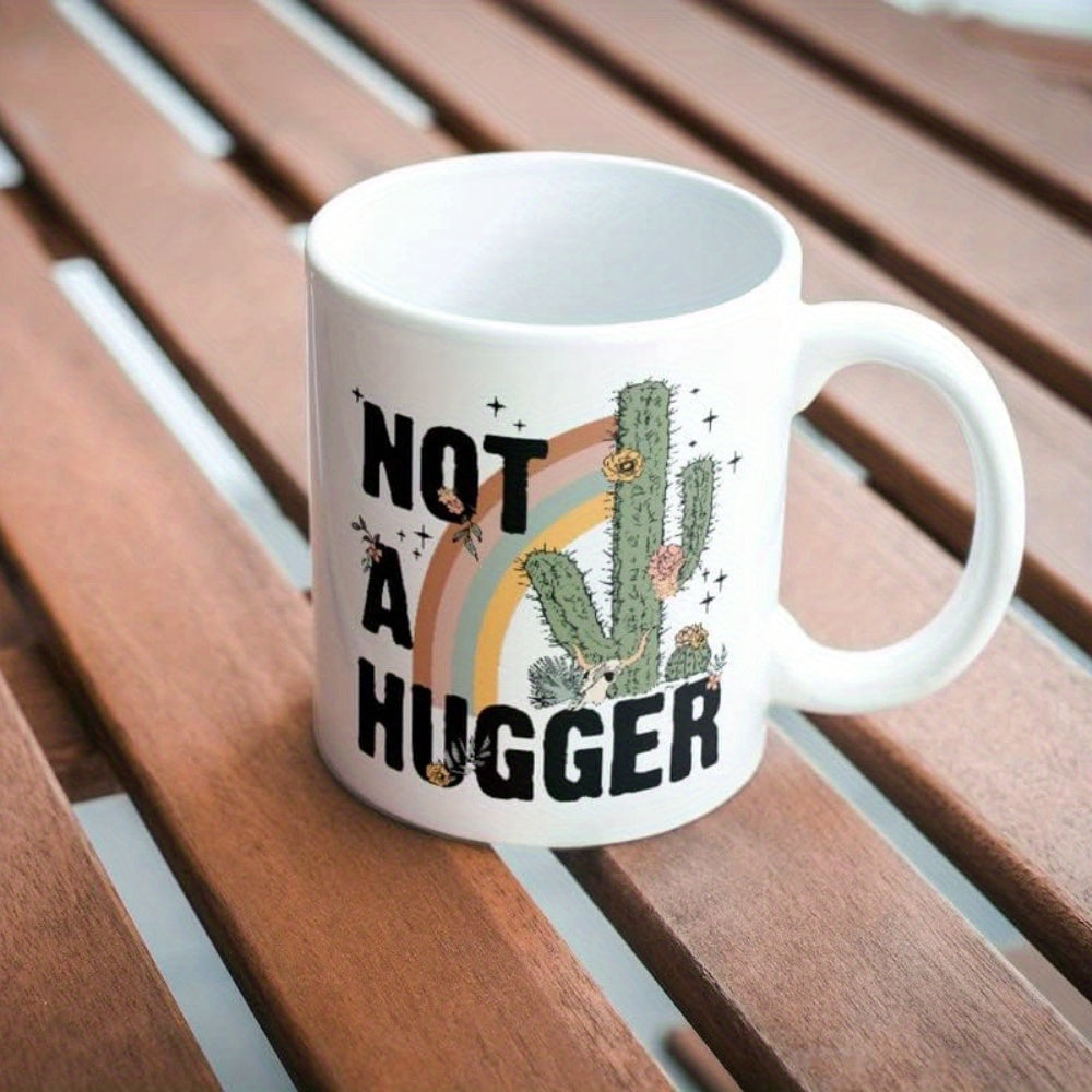Tailorly White Ceramic 11 oz Mug - Not A Hugger Retro Muted Rainbow Backdrop With Tiny Bees Surrounding A Flowering Cactus