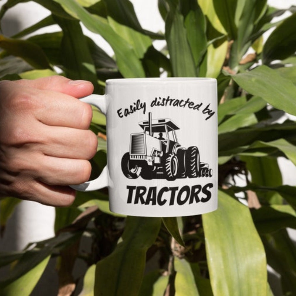 Tailorly White Ceramic 11 oz Mug - Easily Distracted By Tractors Powerful Farming Vehicle Working Among Fertile Fields Under Sunlight Tractor