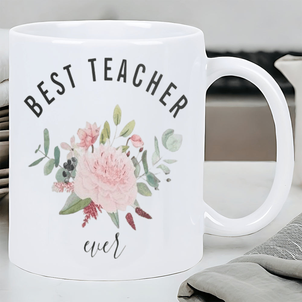 Tailorly White Ceramic 11 oz Mug - Best Teacher Ever Soft Watercolor Pink Peony Bouquet With Green Eucalyptus Leaves Flourishing Among Delicate Petals Flower