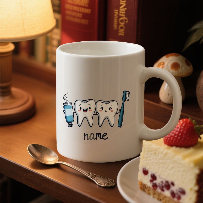 Tailorly White Ceramic 11 oz Mug - Name Two Cute Smiling Cartoon Teeth Holding A Toothbrush And Toothpaste Molar
