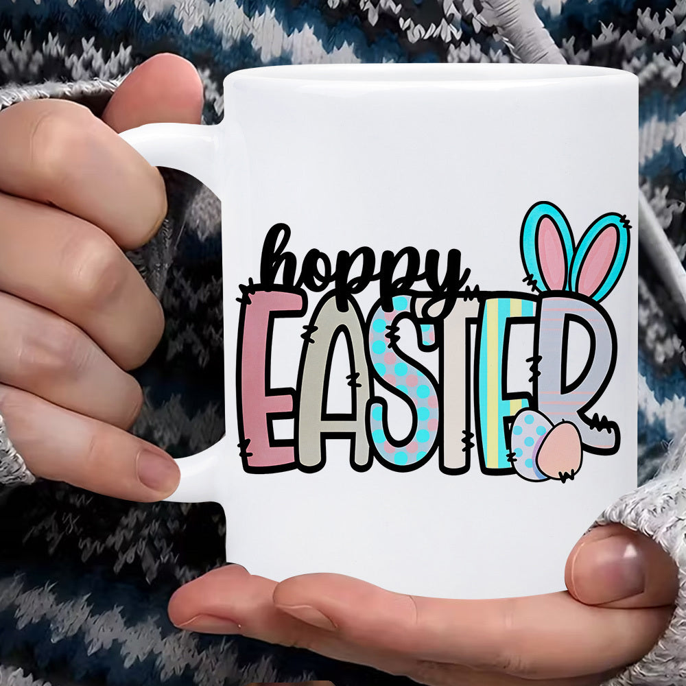 Tailorly White Ceramic 11 oz Mug - Hoppy Easter Colorful Textured Letters Featuring Playful Bunny Ears And Decorated Easter Eggs Bunny