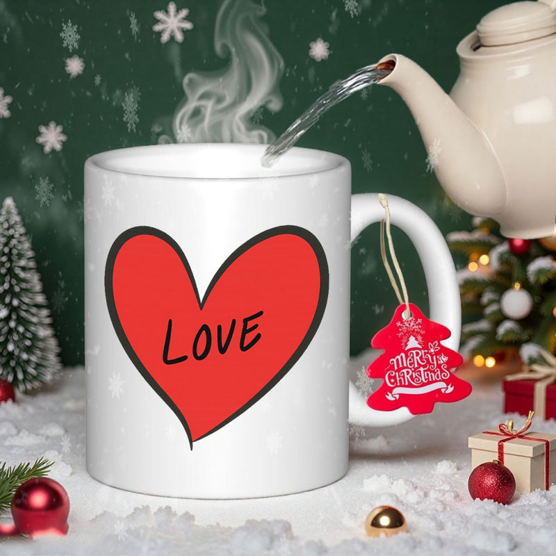 Tailorly White Ceramic 11 oz Mug - Love Hand Drawn Vibrant Red Heart With Thick Black Outline Resting On Ceramic Mug