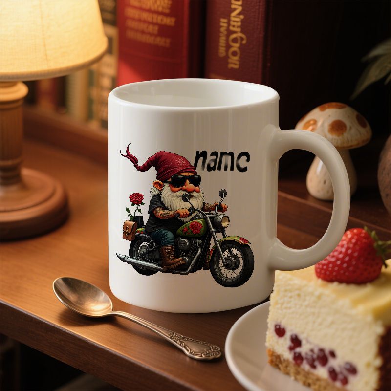 Tailorly White Ceramic 11 oz Mug - Name Cool Biker Wearing Sunglasses Riding A Vintage Classic Black Detailed Motorcycle Gnome