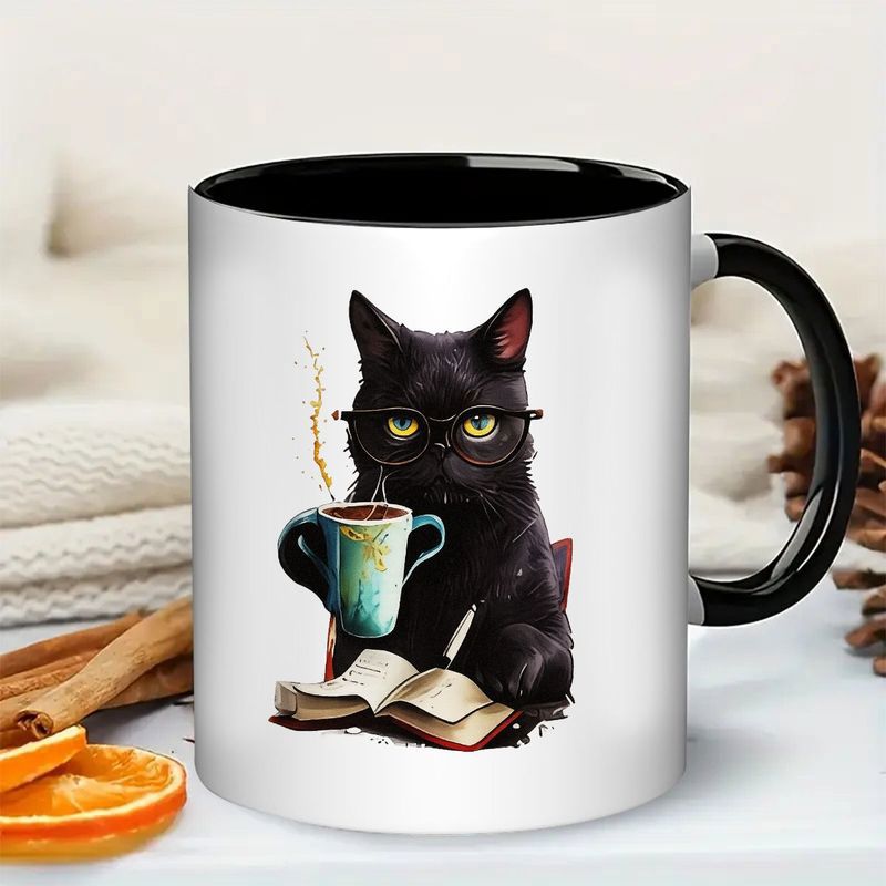 Tailorly Black Accent 11 oz Mug - black cat with glasses