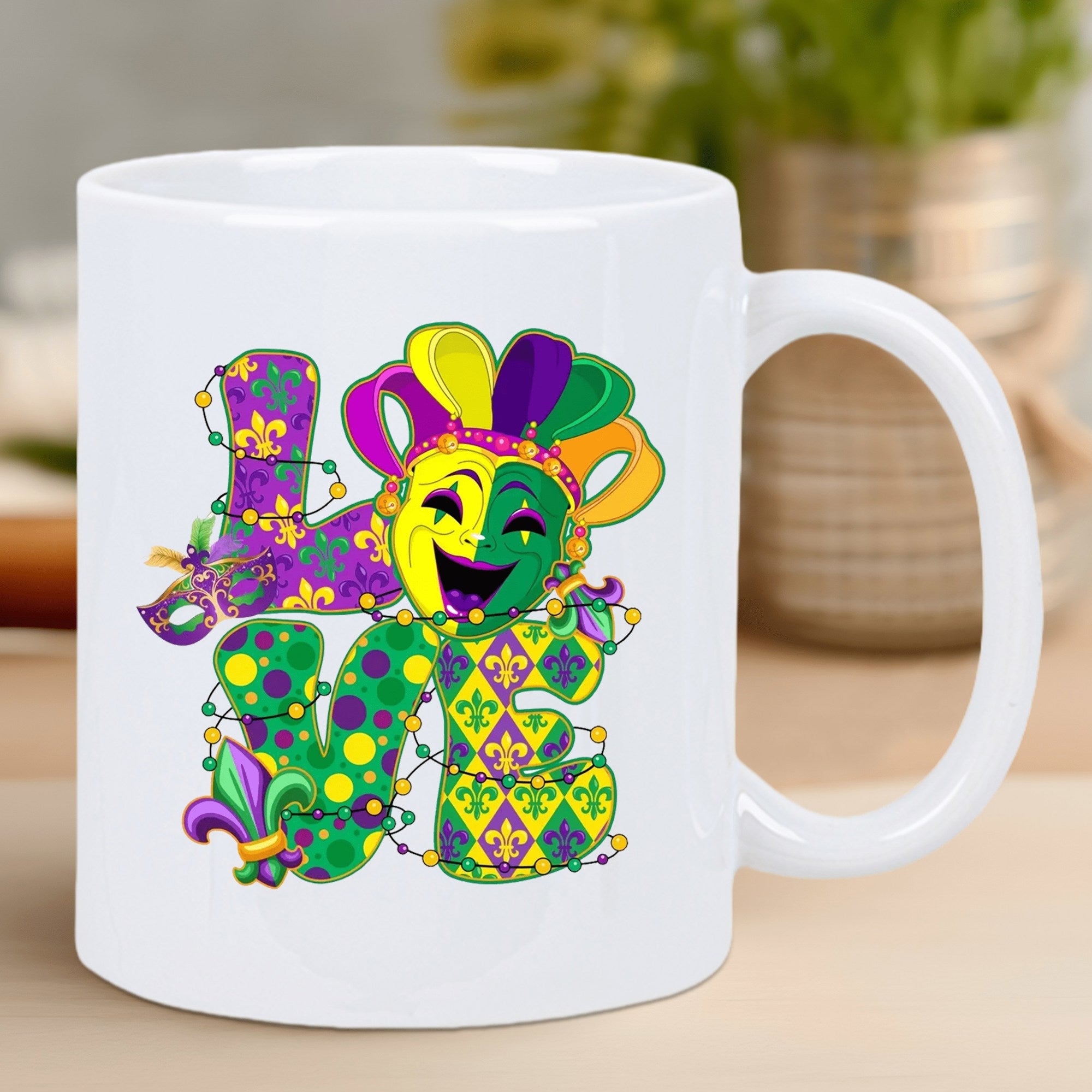Tailorly White Ceramic 11 oz Mug - Love Vibrant Purple Green Gold Colors Featuring Festive Carnival Ornaments And Jester Mask