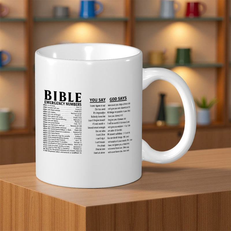 Tailorly White Ceramic 11 oz Mug - Bible Emergency Numbers You Say God Says Minimalist Spiritual Verse List Printed On A Clean Polished Ceramic Background Mug